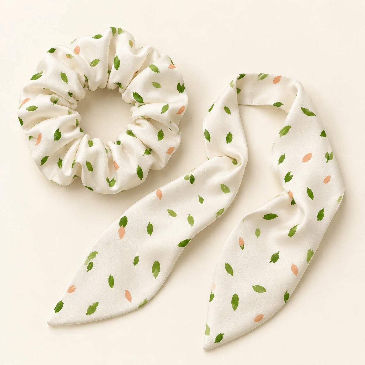 Leaf Whispers bow-tie scrunchie — detail view