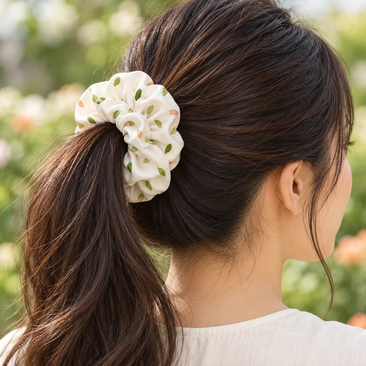 Leaf Whispers scrunchie — worn view