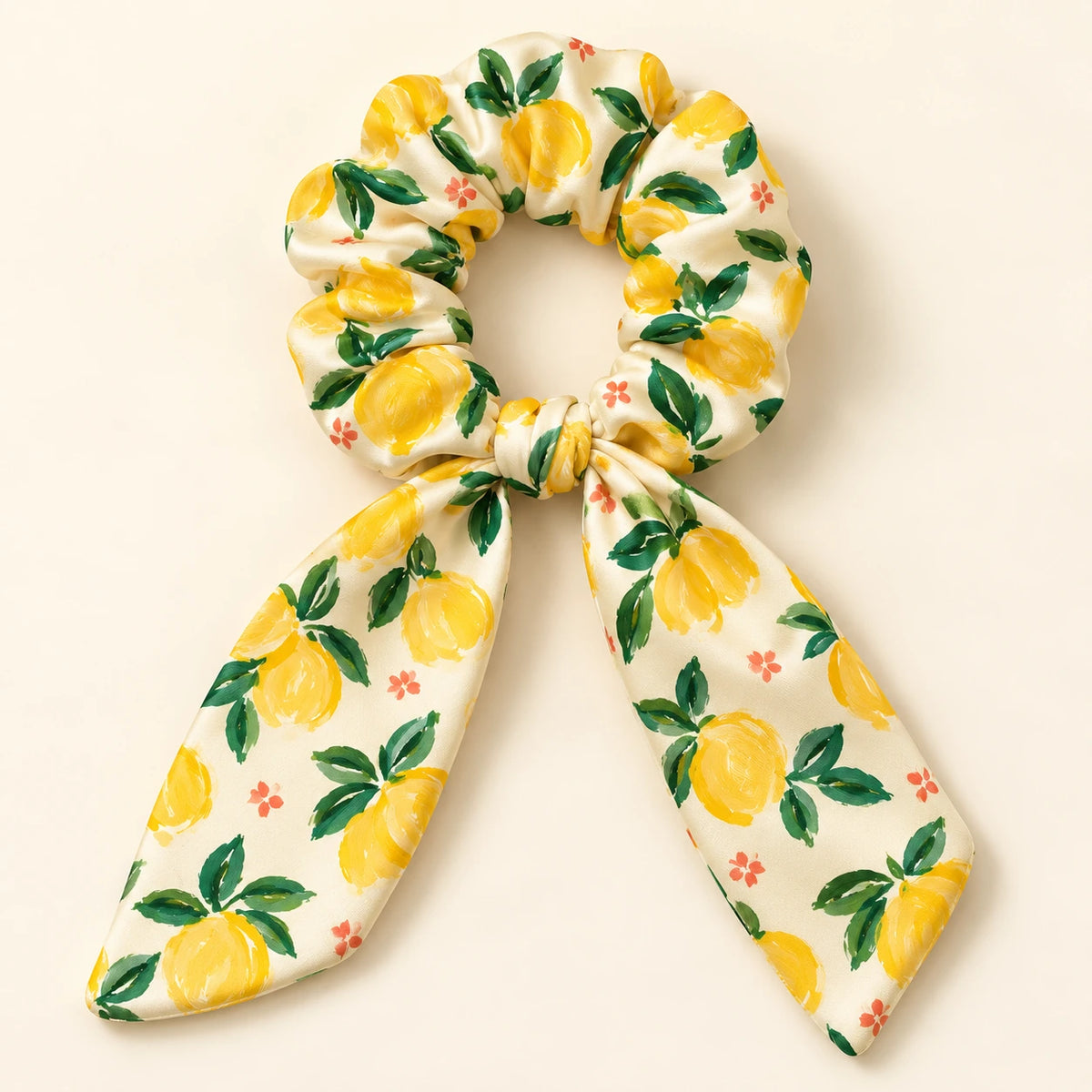 Lemon Picnic bow-tie scrunchie — detail view