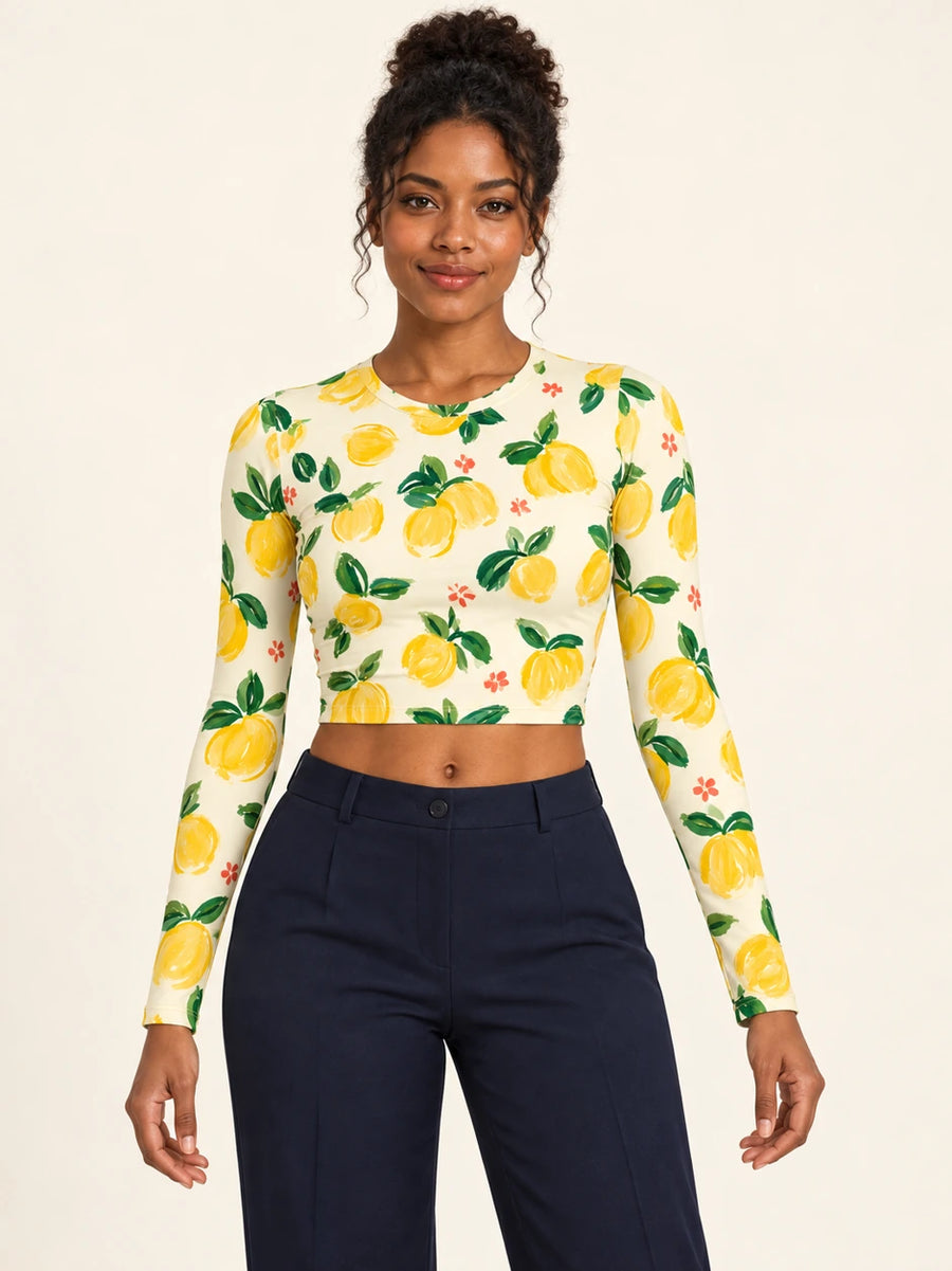 Lemon Picnic full sleeve crop top — female hero view