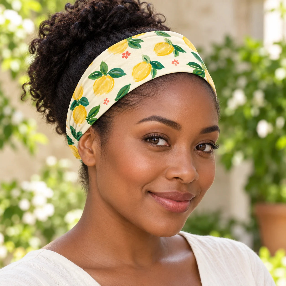 Lemon Picnic headband — worn view