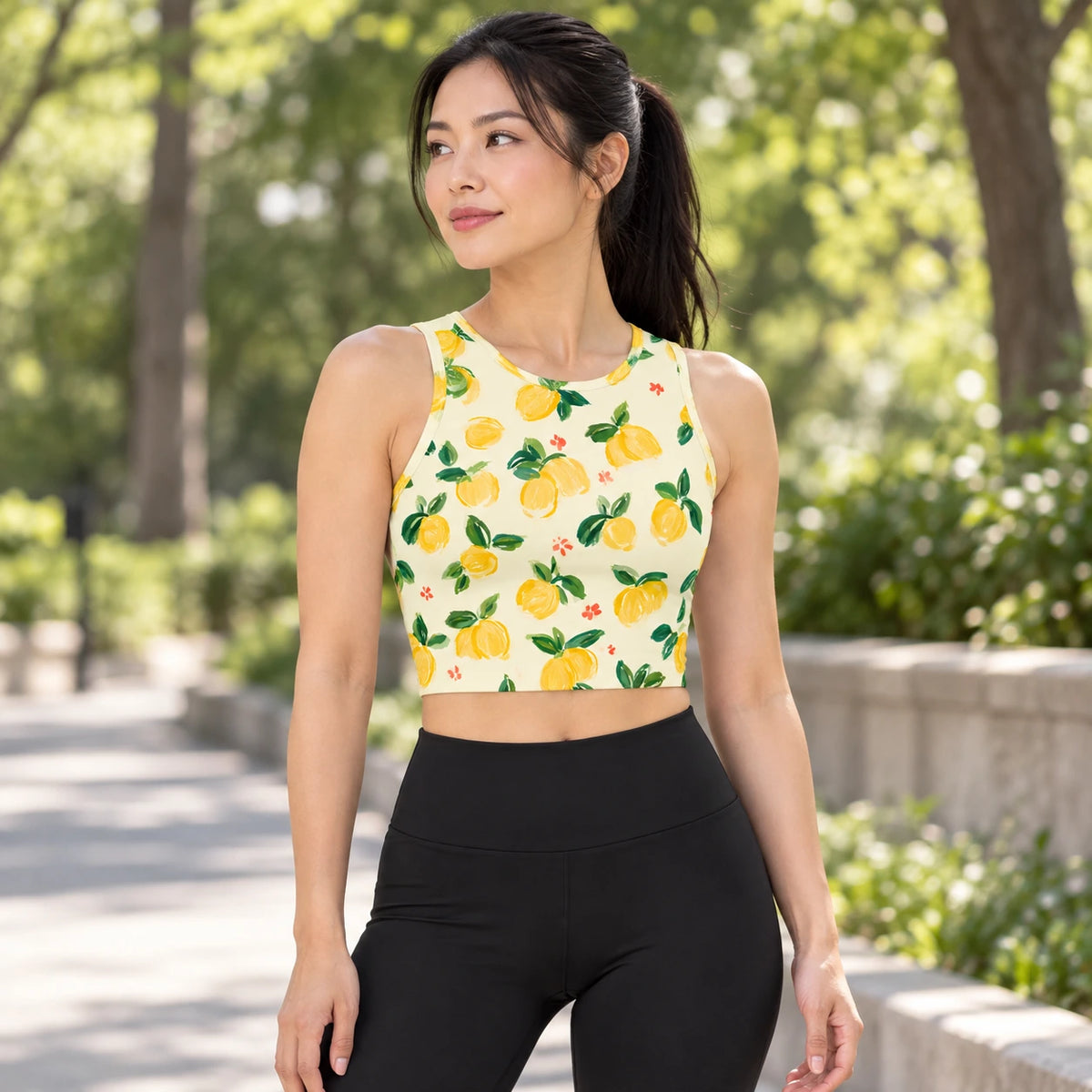 Lemon Picnic sports crop top — female lifestyle view