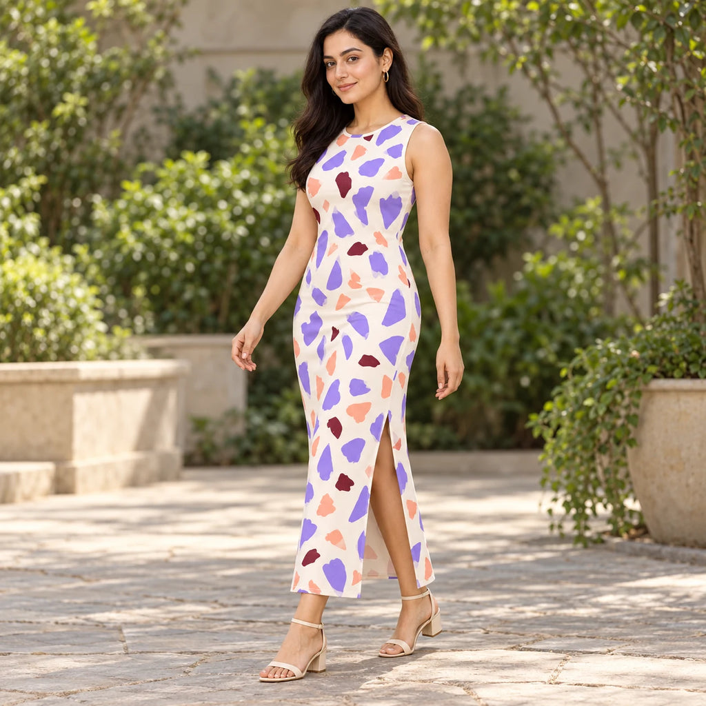 Lilac Terrazzo bodycon dress — garden view