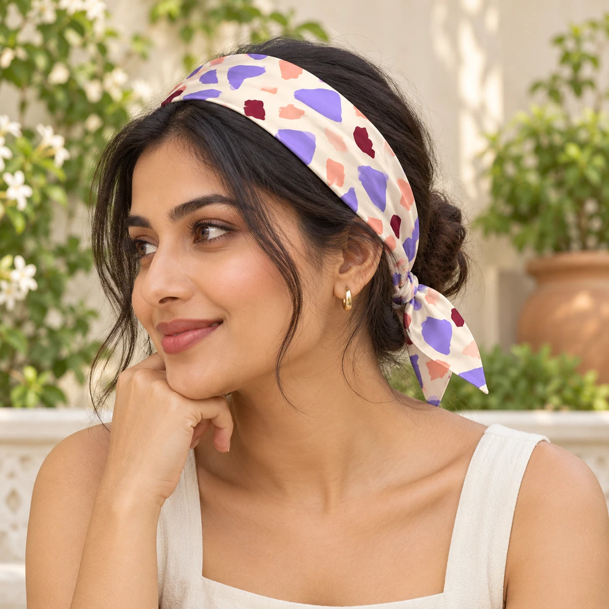 Lilac Terrazzo scarf — lifestyle view