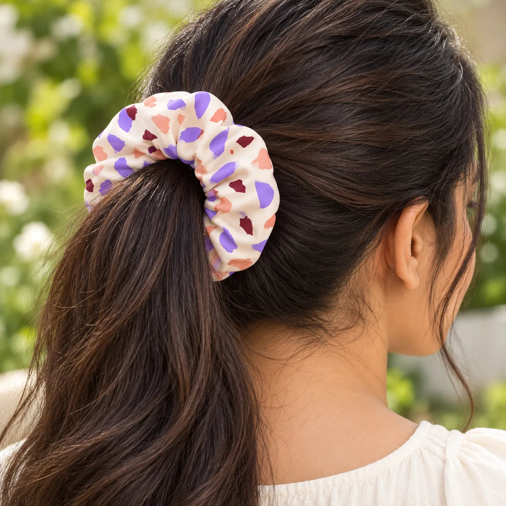 Lilac Terrazzo scrunchie — worn view