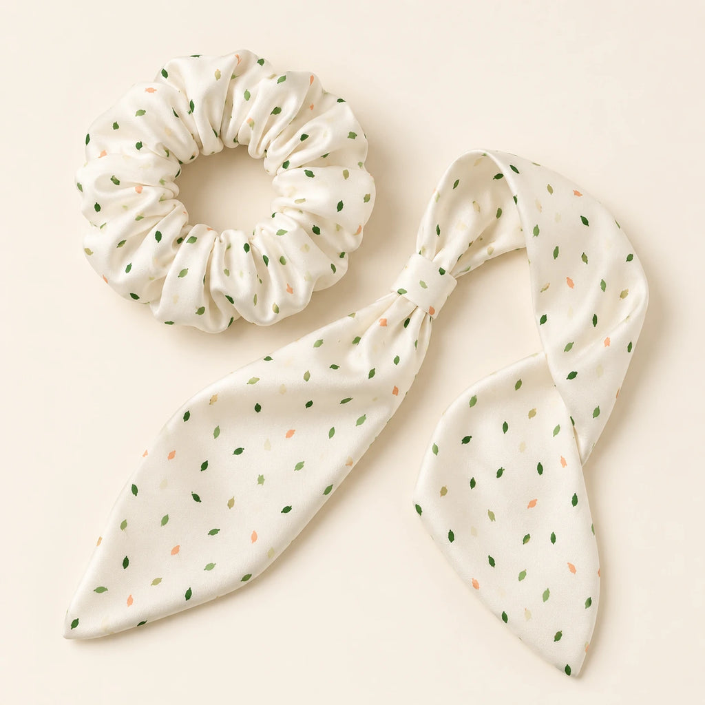 Meadow Dust bow-tie scrunchie — detail view