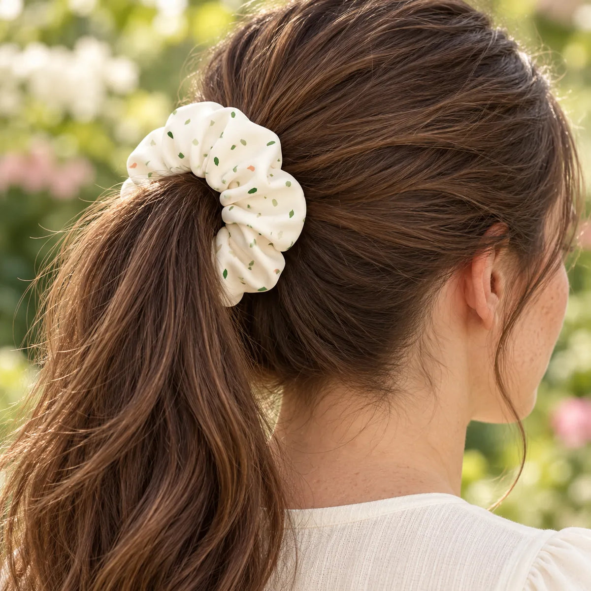 Meadow Dust scrunchie — worn view