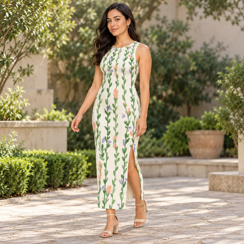 Meadow Trails bodycon dress — garden view