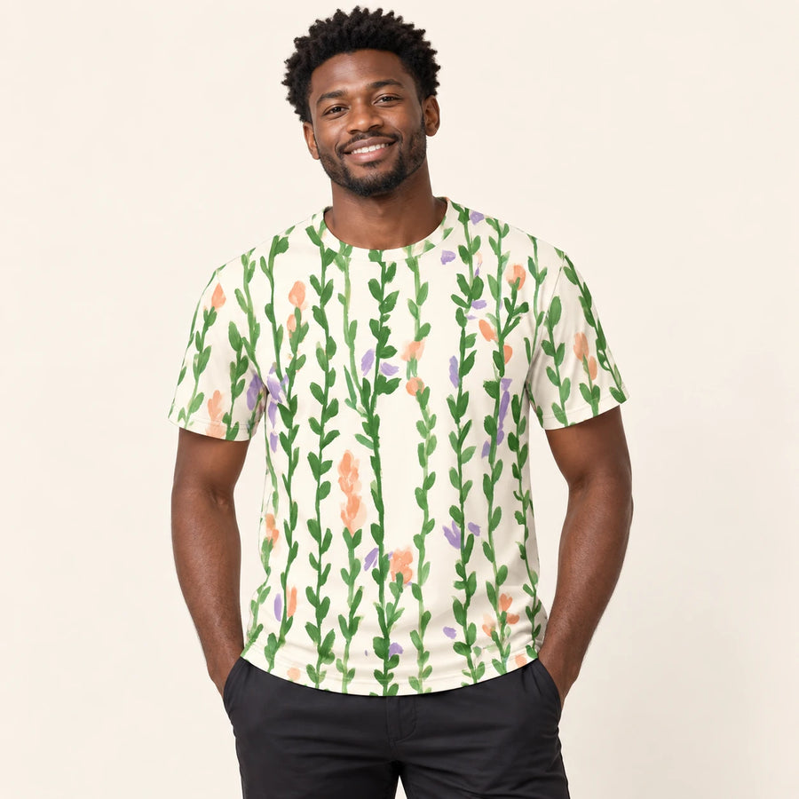 Meadow Trails All-Over Print T-Shirt — male model, hero view