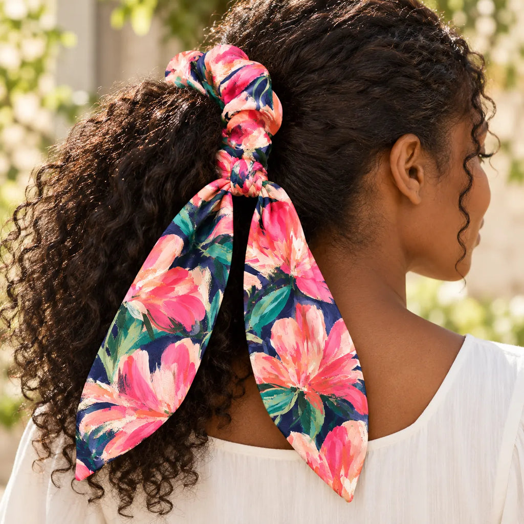 Midnight Magnolia Bow-Tie Scrunchie — worn view