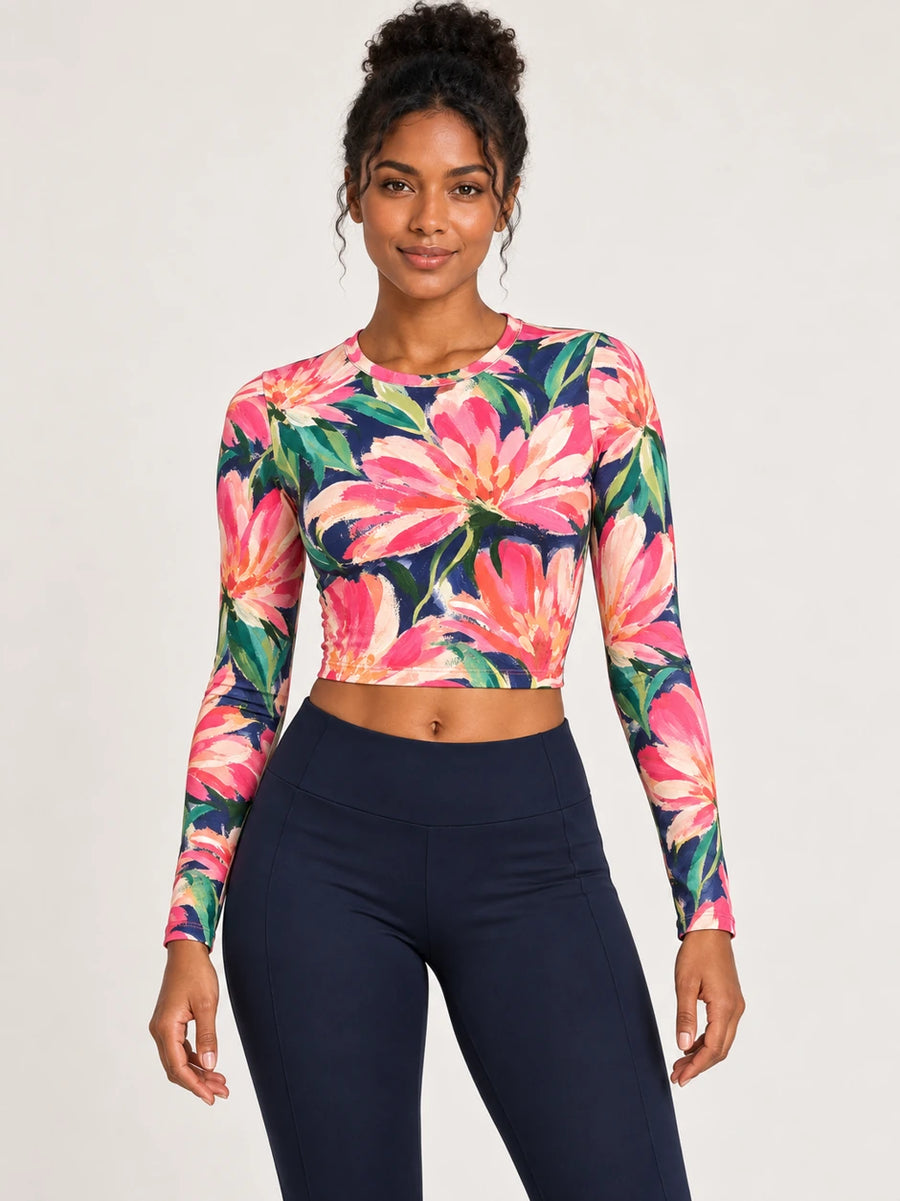 Midnight Magnolia full sleeve crop top — female hero view