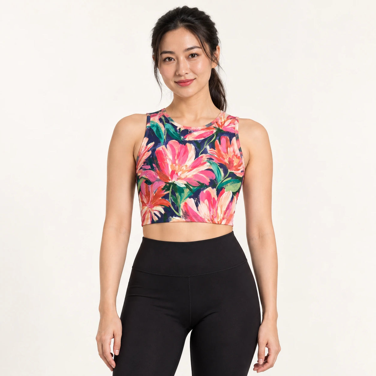 Midnight Magnolia sports crop top — female hero view