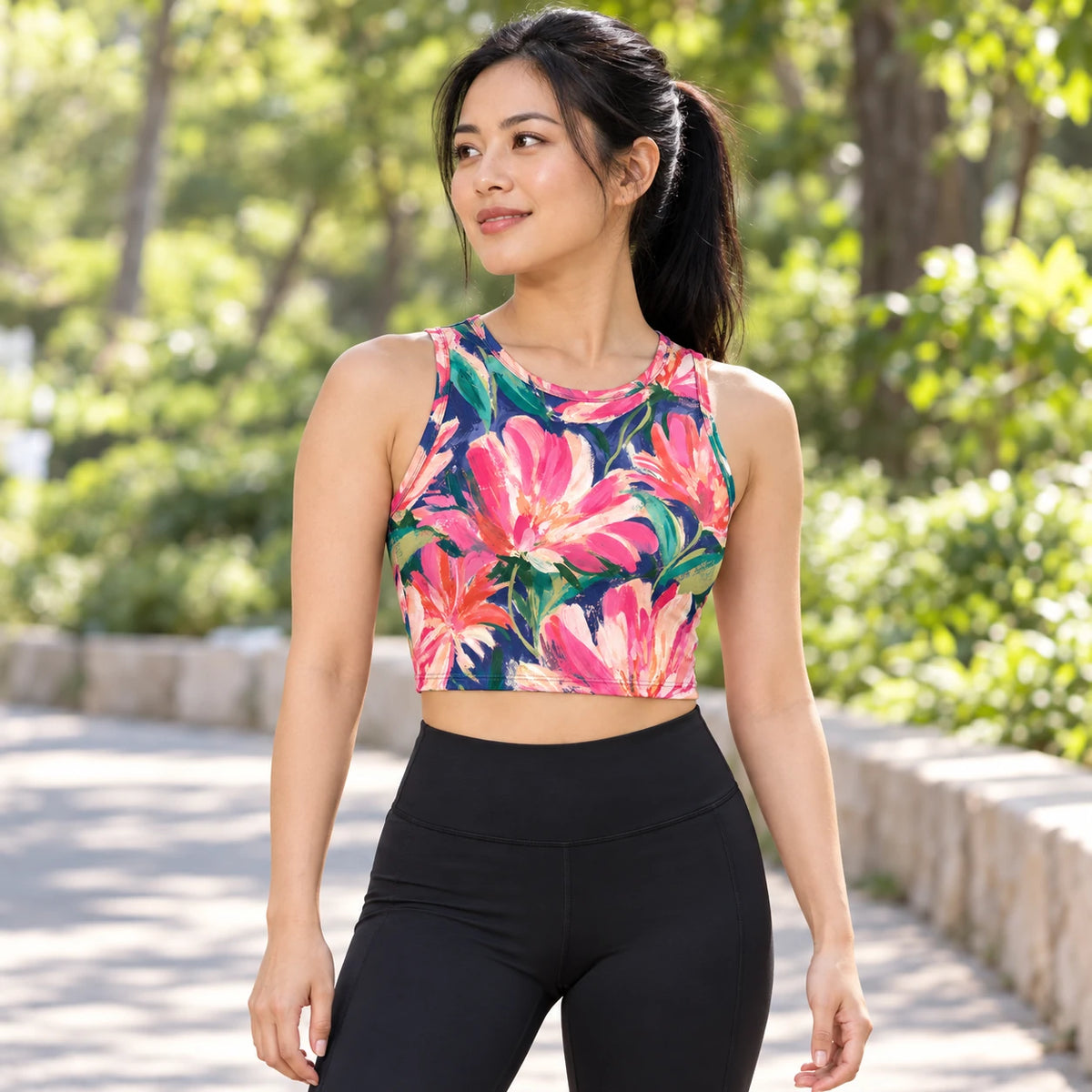 Midnight Magnolia sports crop top — female lifestyle view