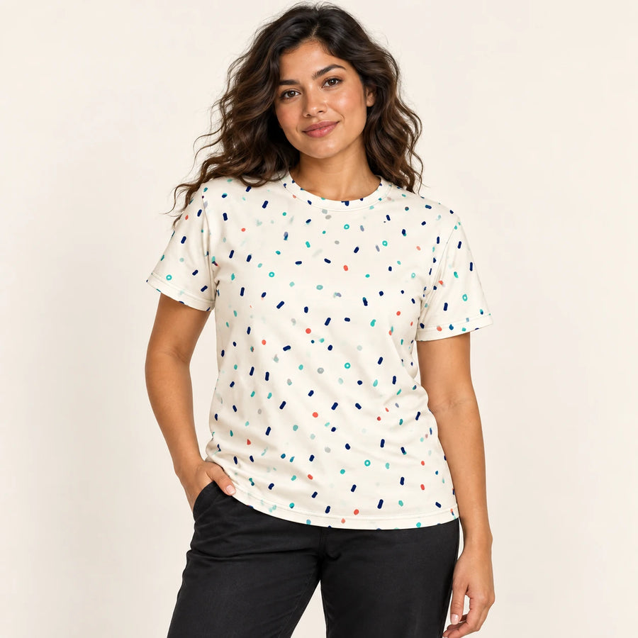 Midnight Sprinkles All-Over Print T-Shirt — female model, hero view