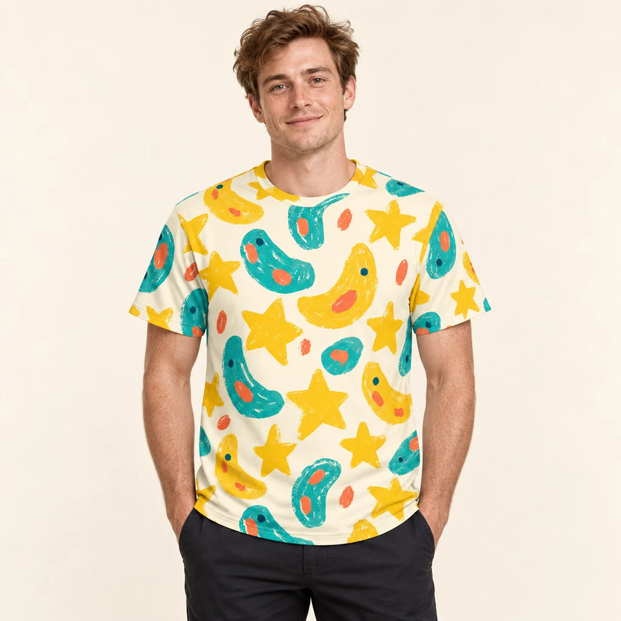 Moonbeam Mischief All-Over Print T-Shirt — male model, hero view