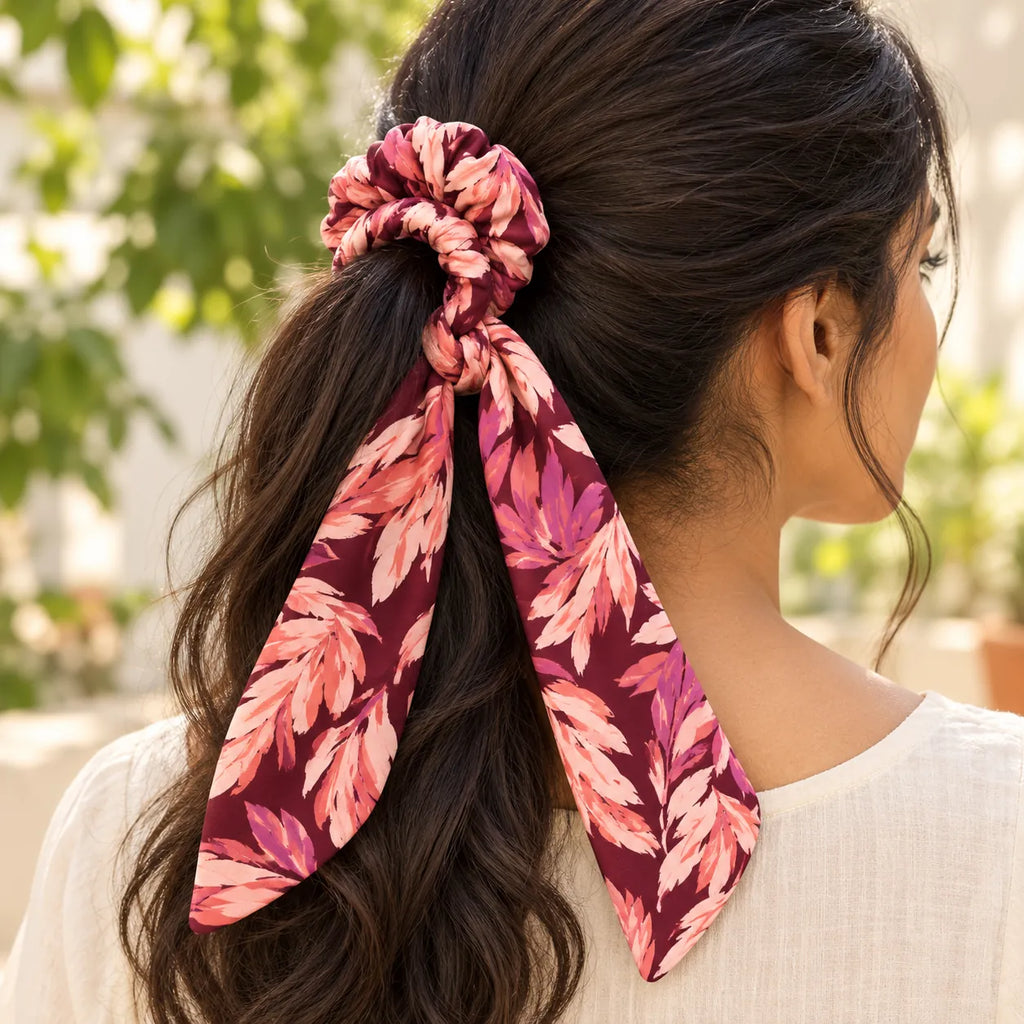 Mulberry Plumes Bow-Tie Scrunchie — worn view