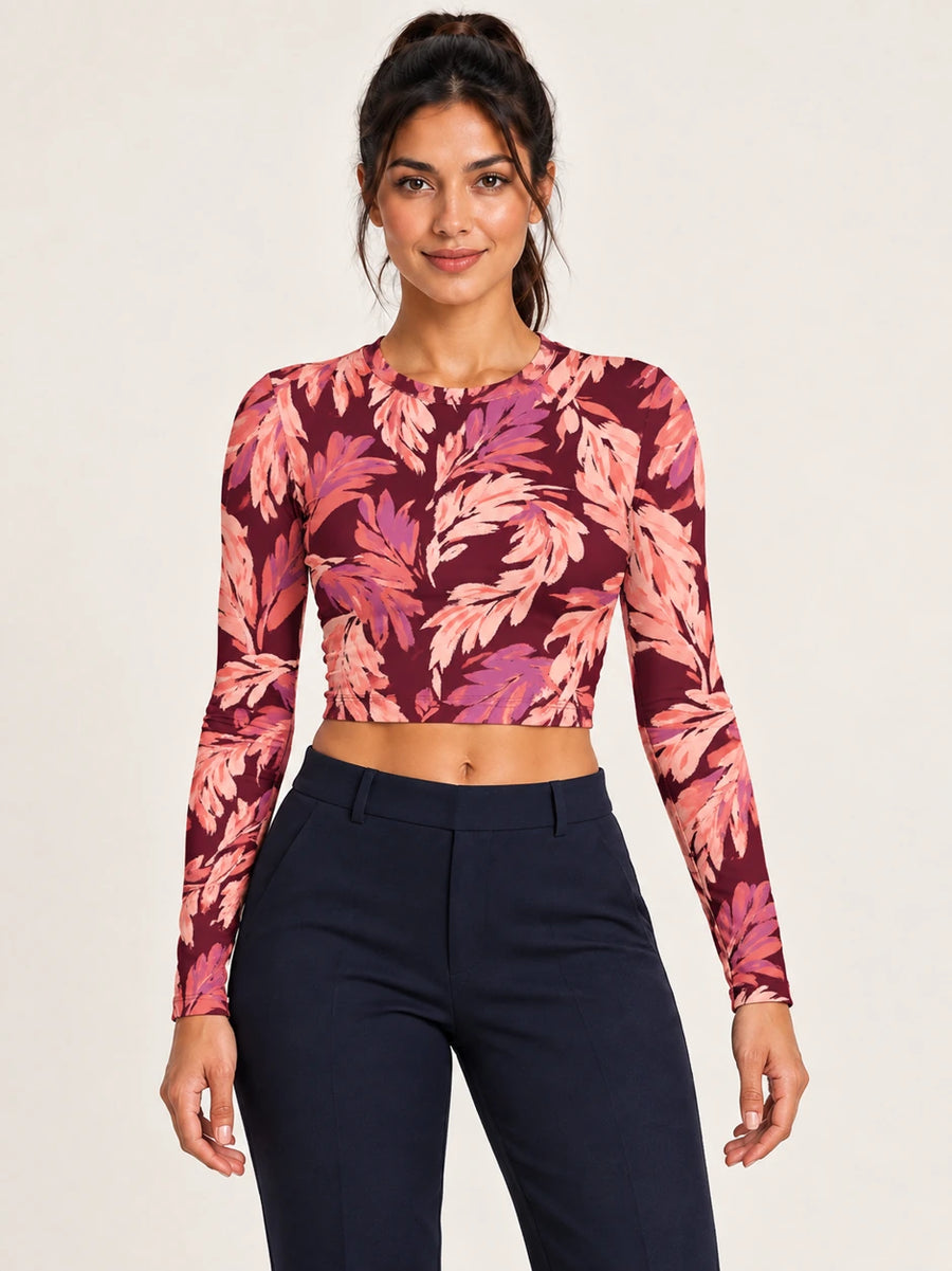 Mulberry Plumes full sleeve crop top — female hero view
