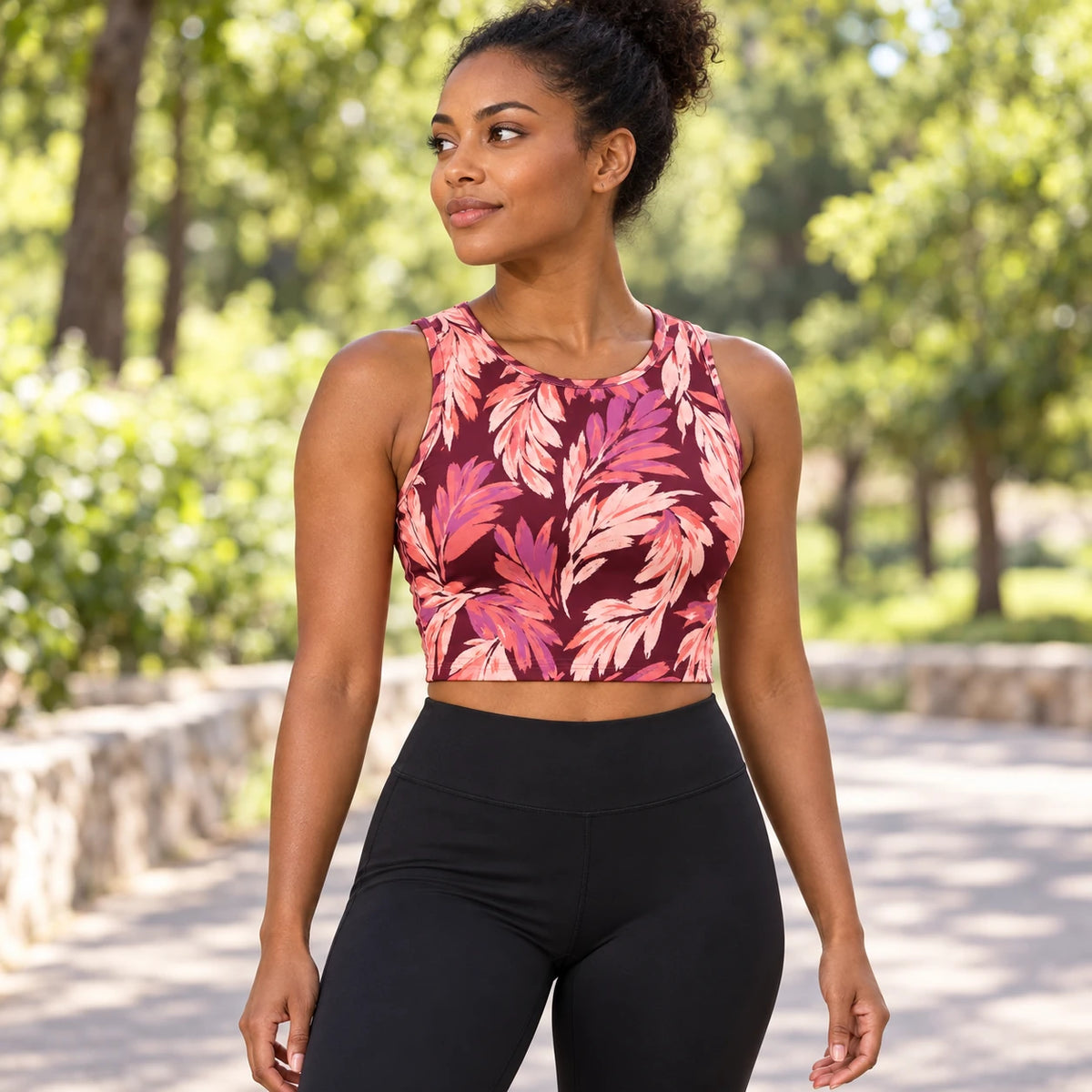 Mulberry Plumes sports crop top — female lifestyle view