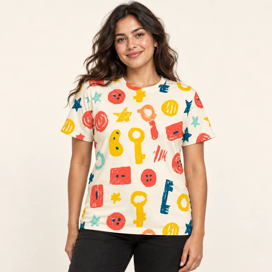 Odds and Ends All-Over Print T-Shirt — female model, hero view