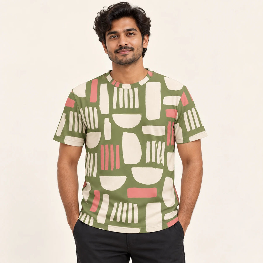 Olive Play All-Over Print T-Shirt — male model, hero view