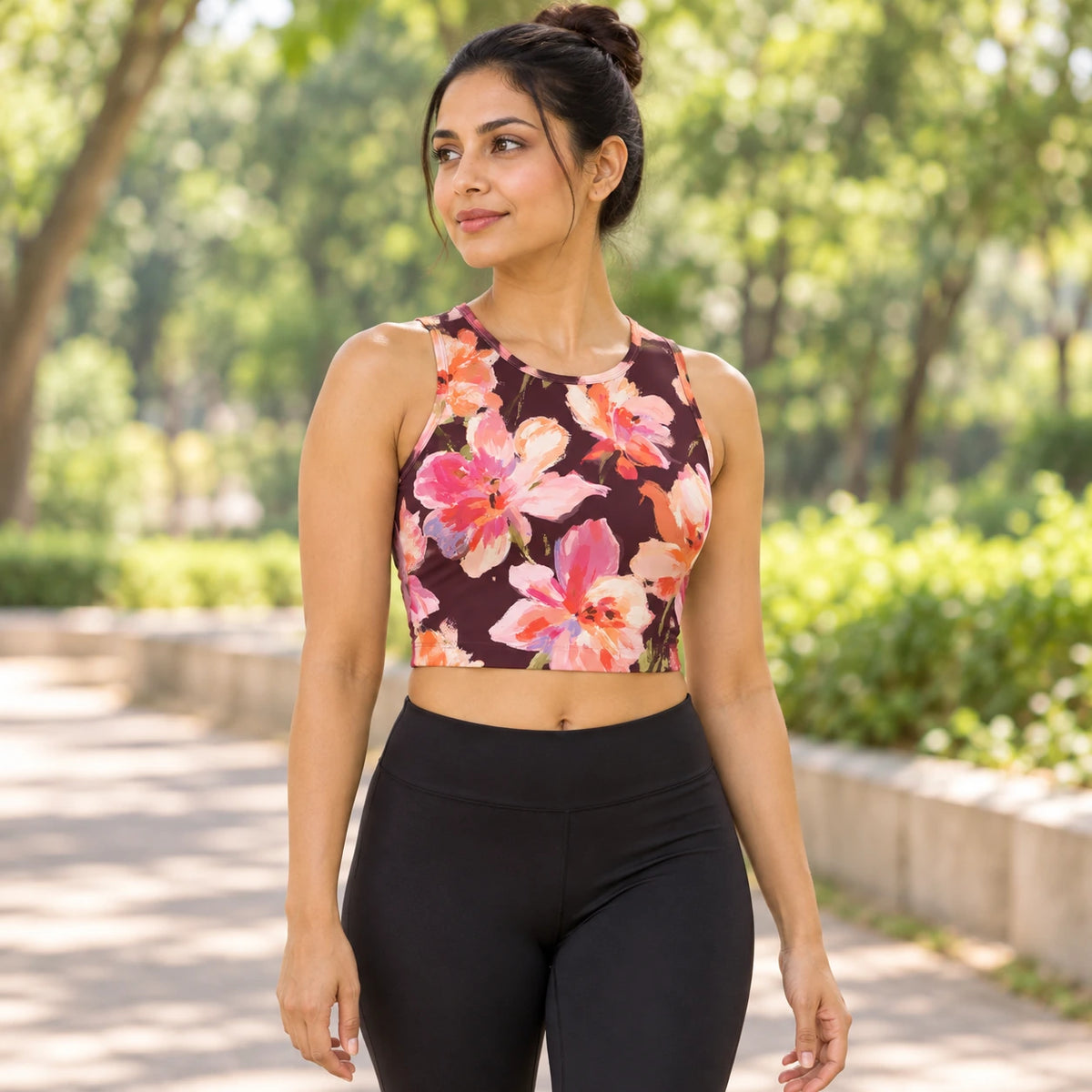 Orchid Afterglow sports crop top — female lifestyle view