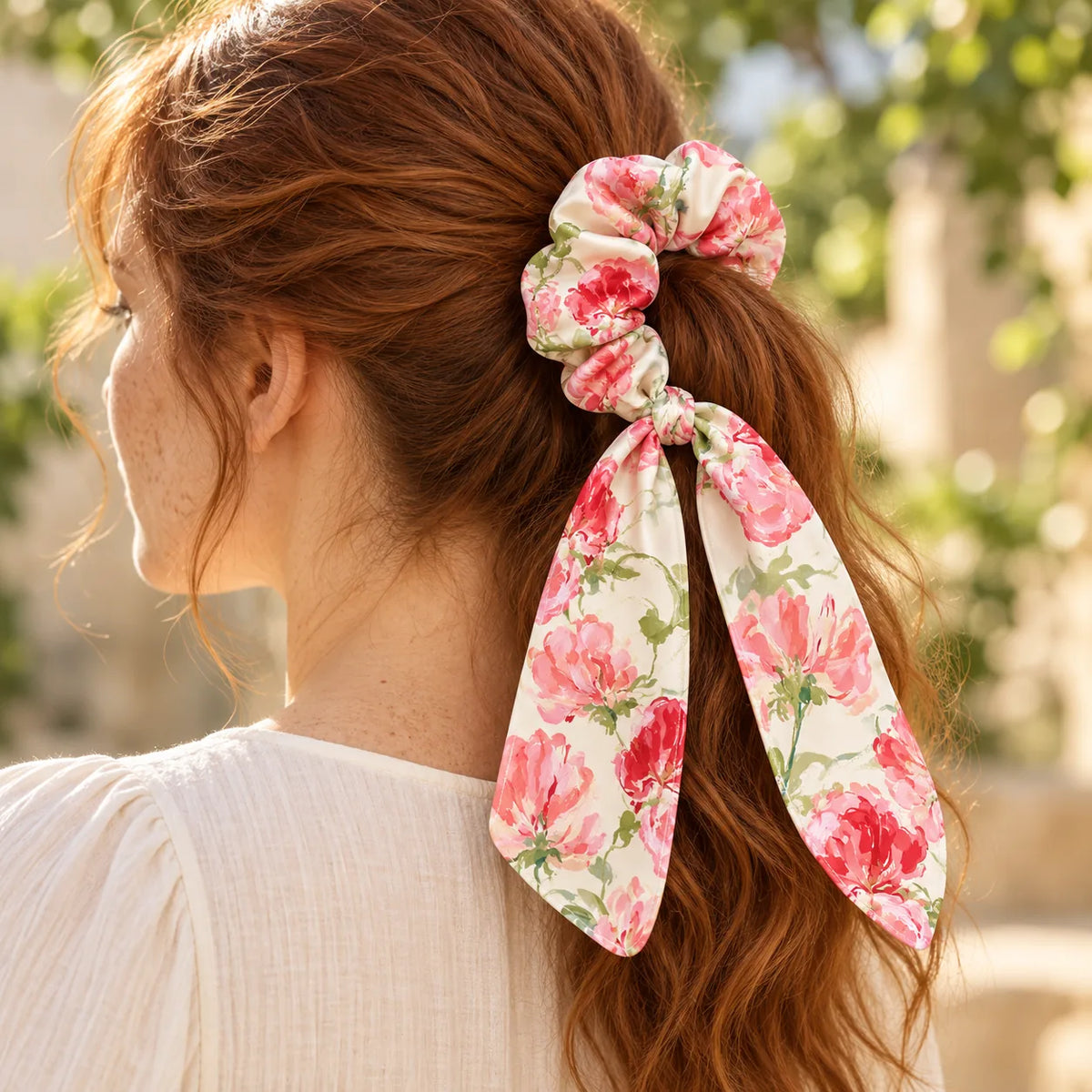 Peony Pages Bow-Tie Scrunchie — worn view