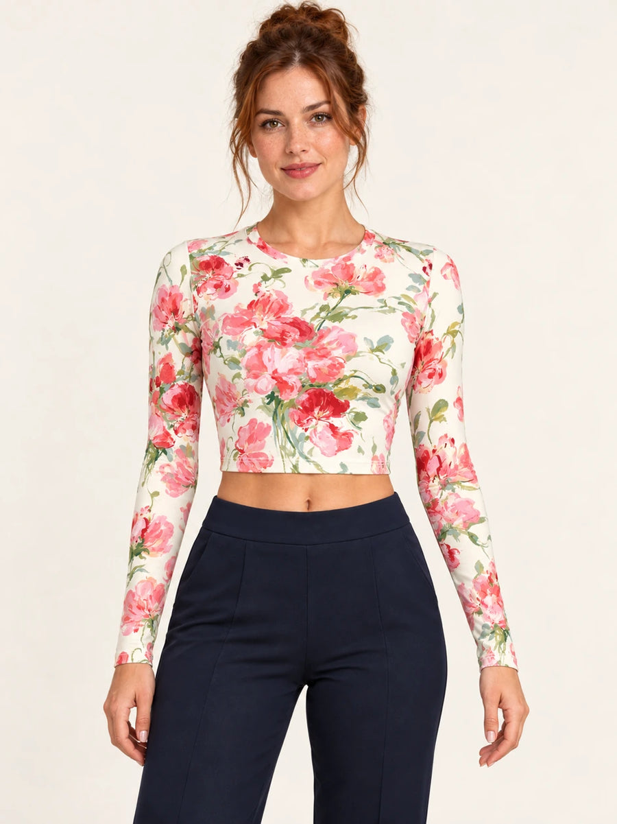 Peony Pages full sleeve crop top — female hero view