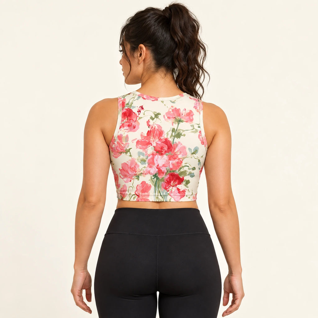 Peony Pages sports crop top — female back view