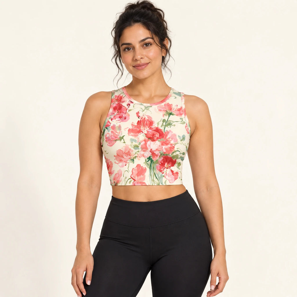 Peony Pages sports crop top — female hero view