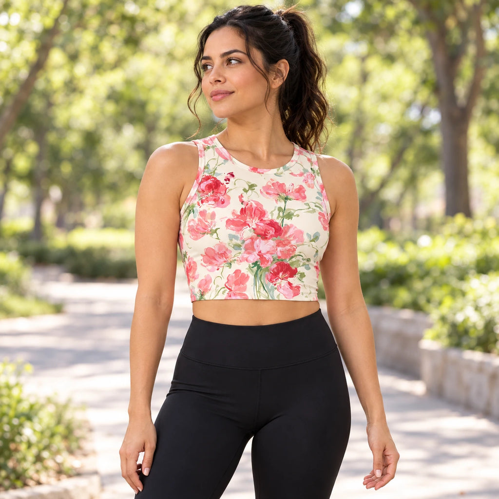 Peony Pages sports crop top — female lifestyle view