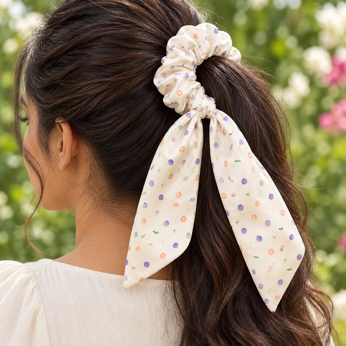 Petal Confetti bow-tie scrunchie — worn view