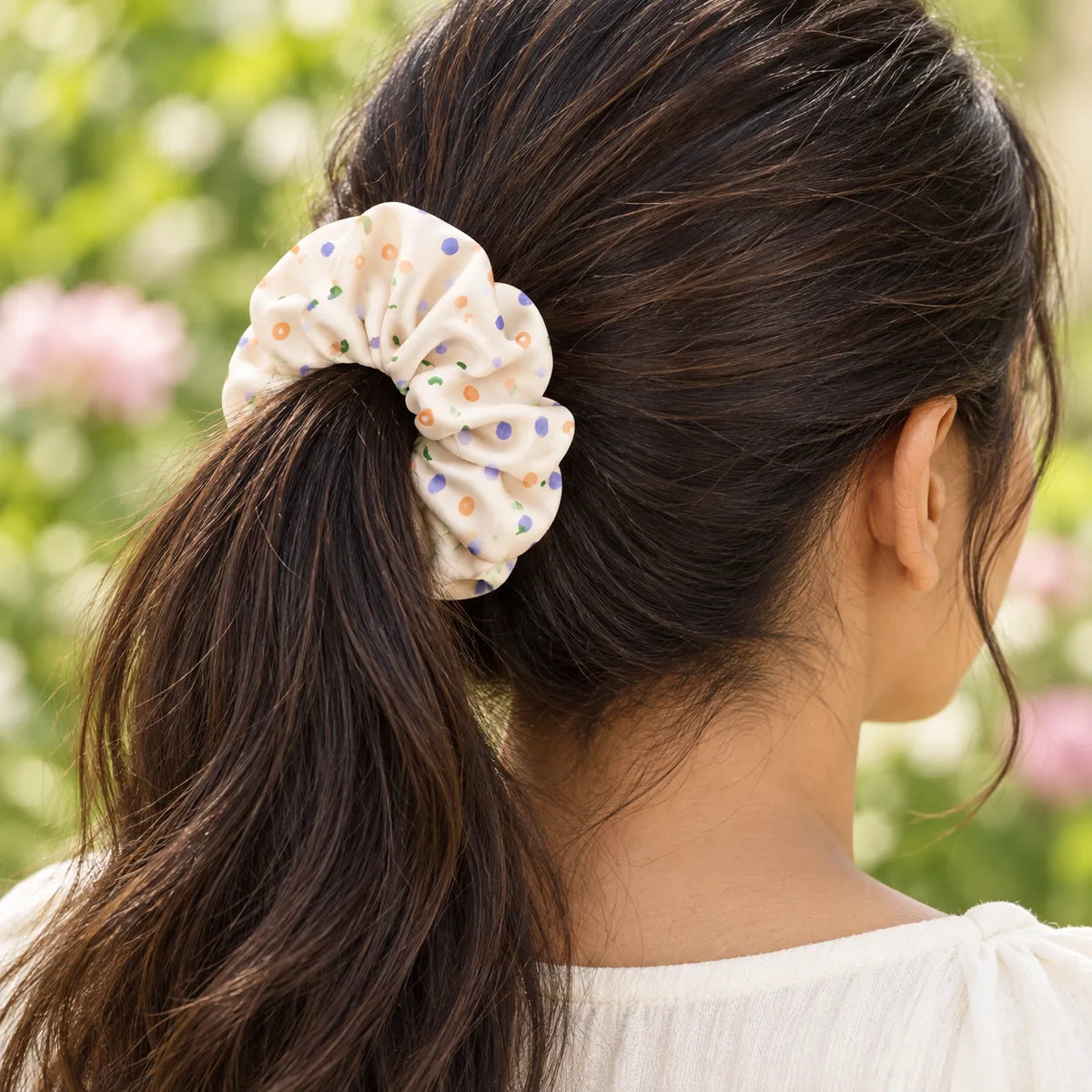 Petal Confetti scrunchie — worn view