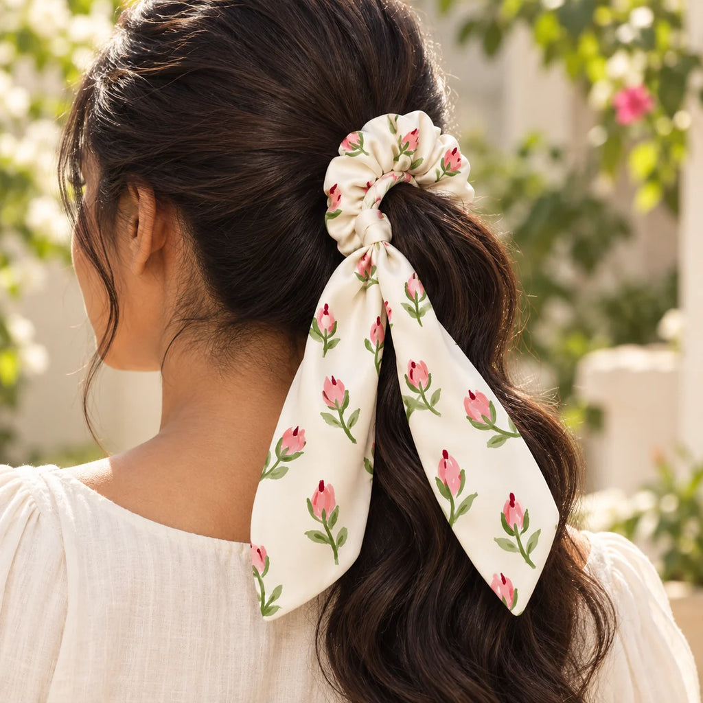 Petal Postscript Bow-Tie Scrunchie — worn view