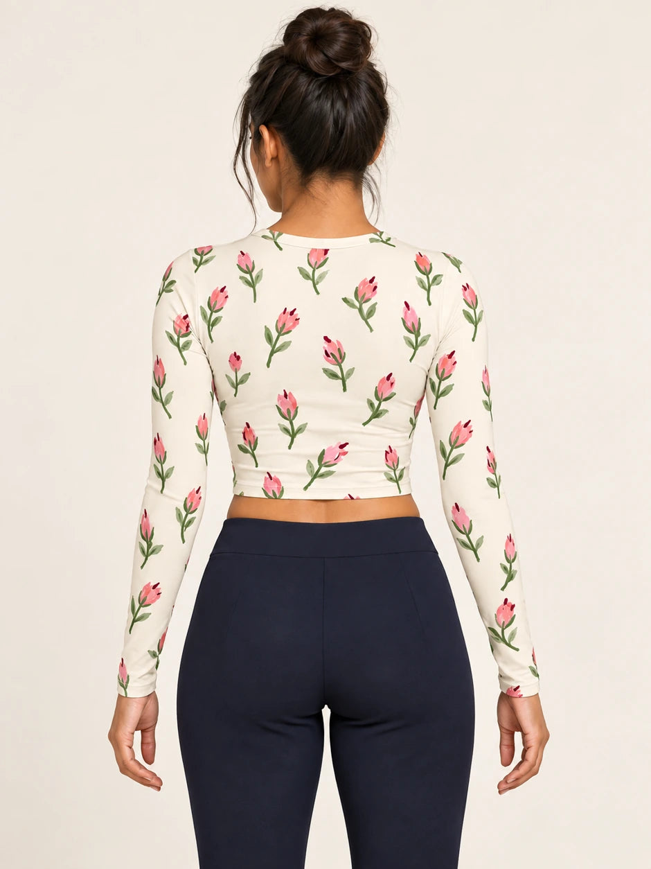 Petal Postscript full sleeve crop top — female back view