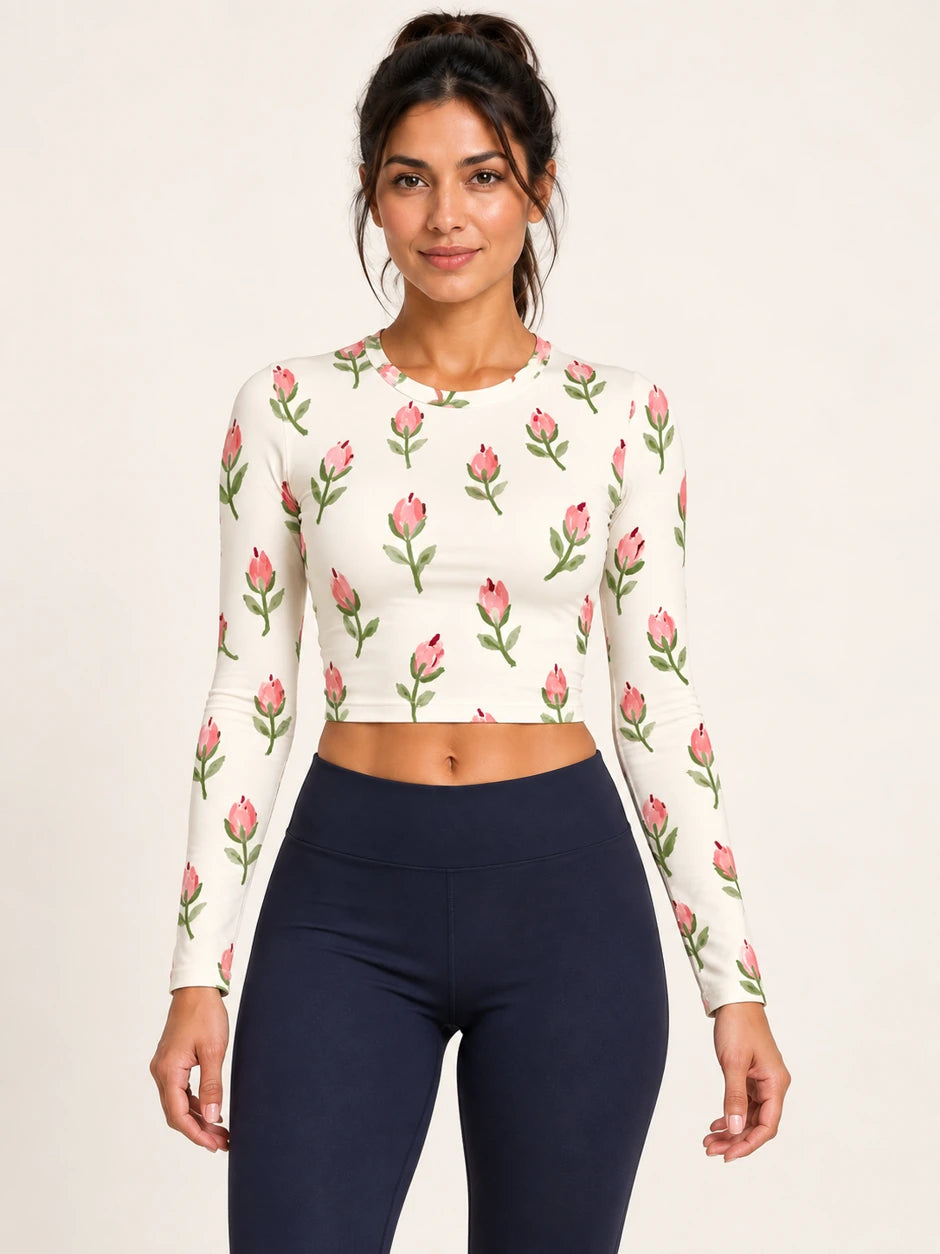 Petal Postscript full sleeve crop top — female hero view
