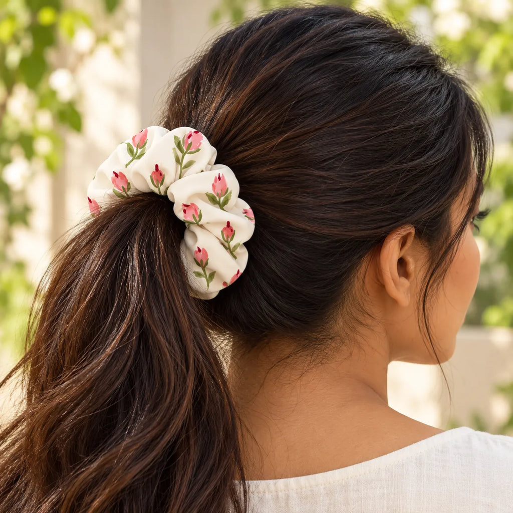 Petal Postscript Scrunchie — worn view
