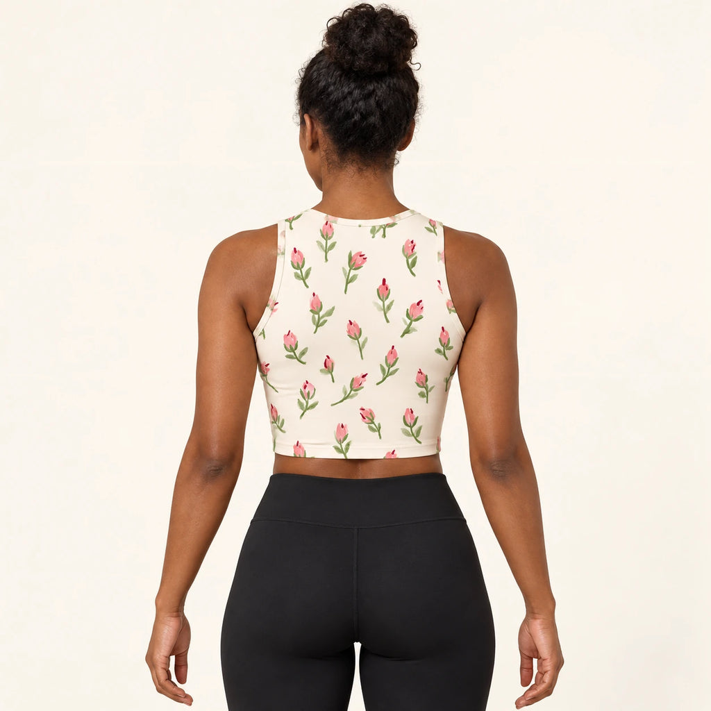 Petal Postscript sports crop top — female back view