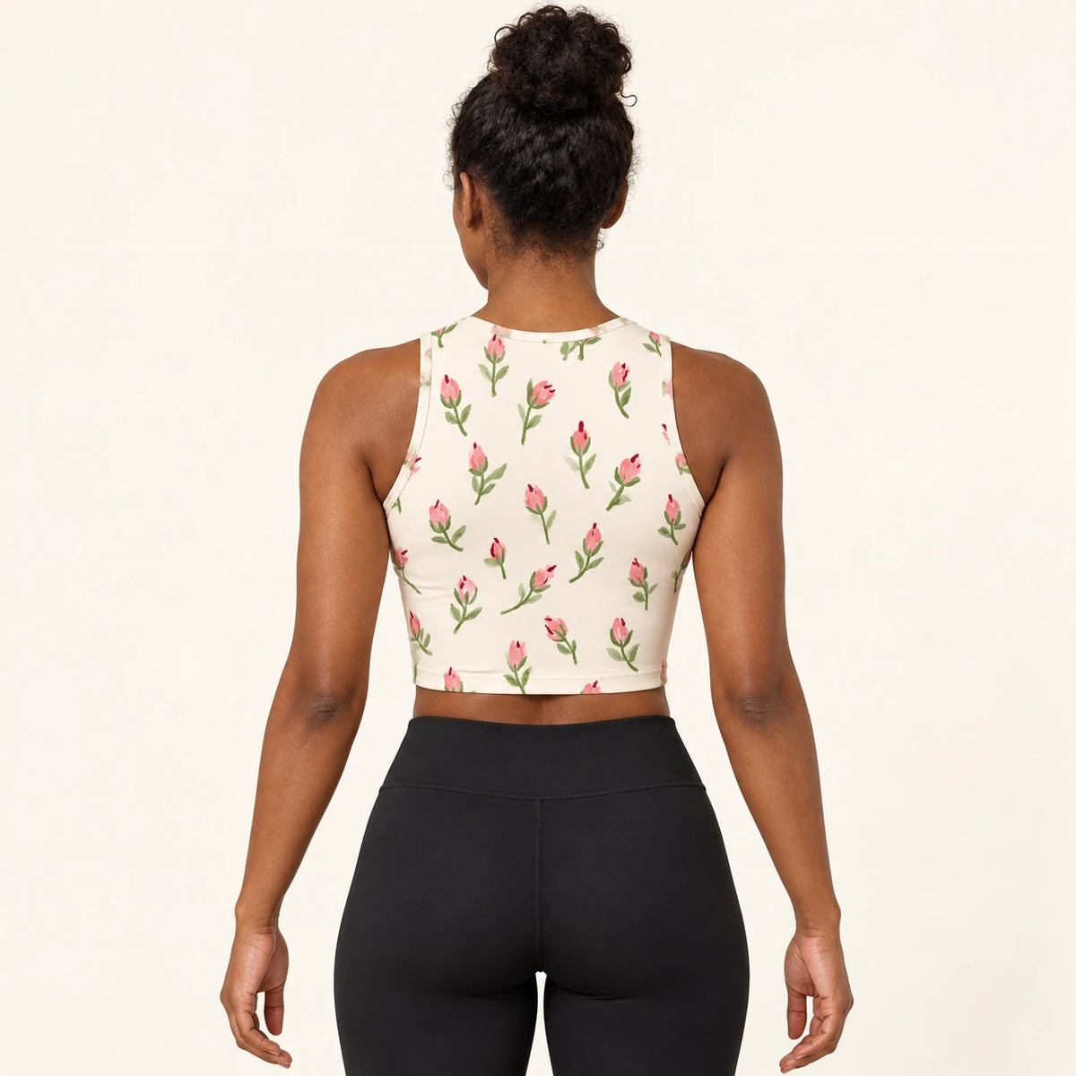 Petal Postscript sports crop top — female back view