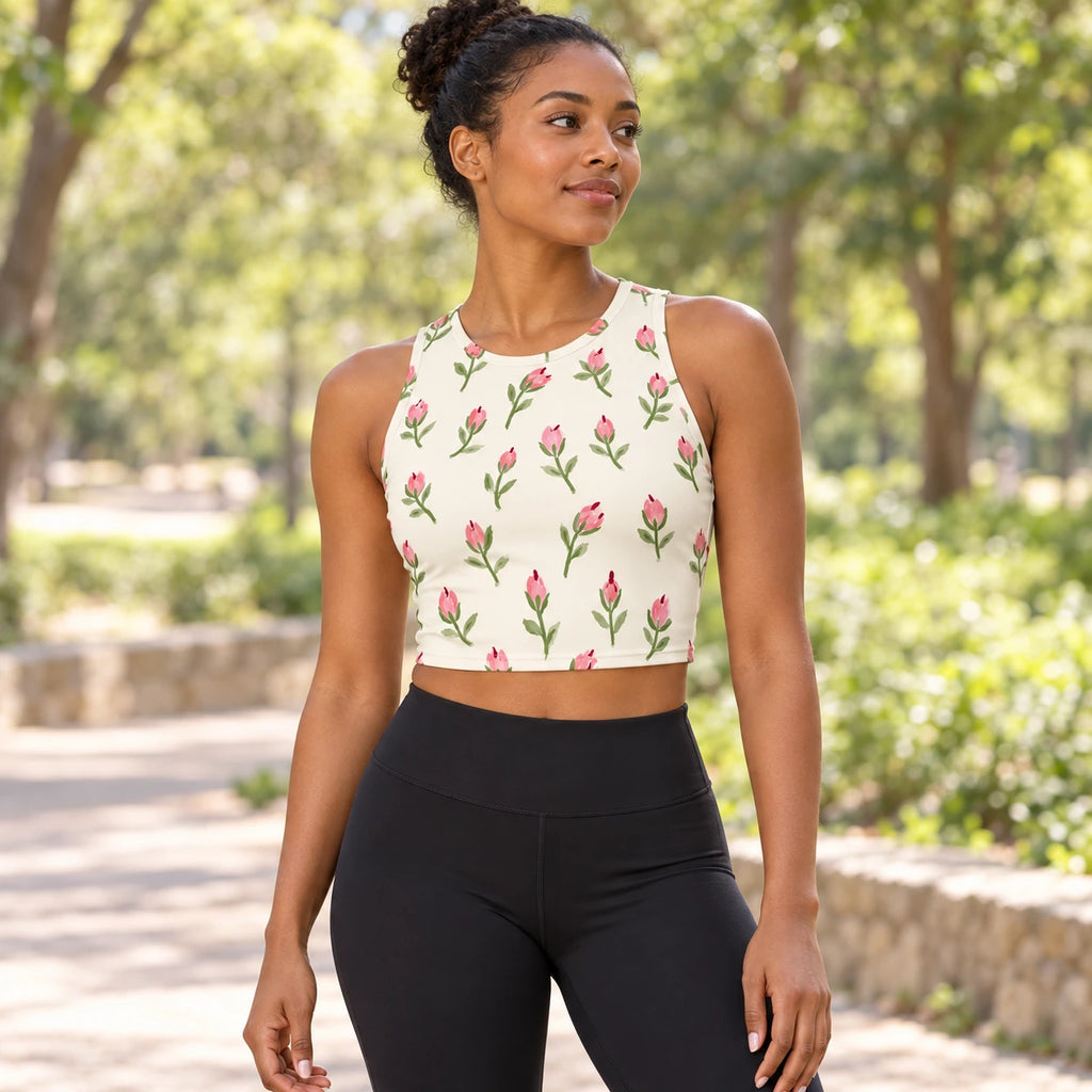 Petal Postscript sports crop top — female lifestyle view