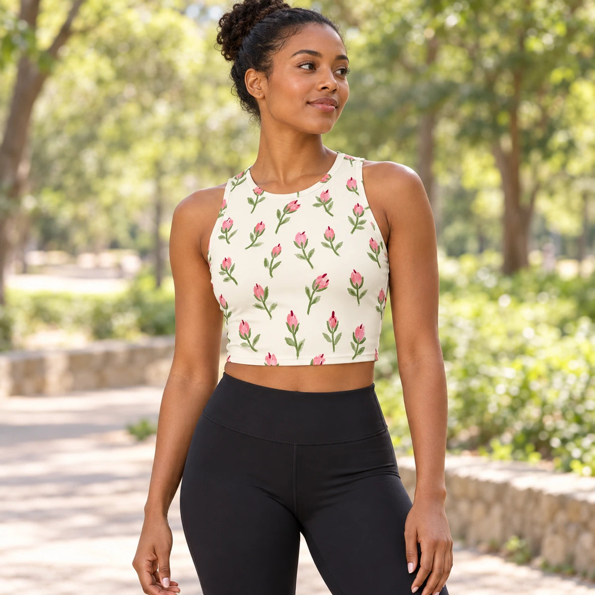 Petal Postscript sports crop top — female lifestyle view