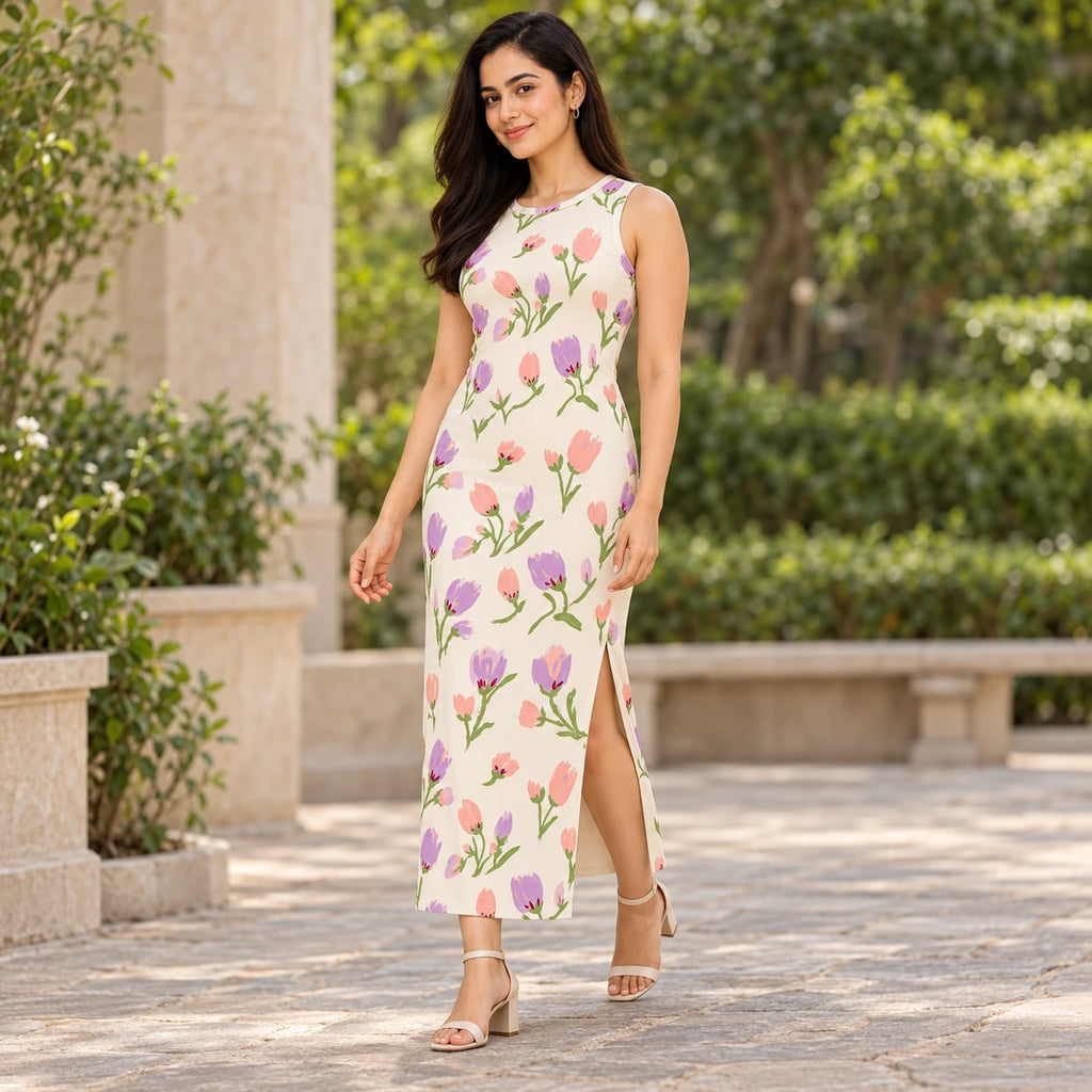 Petal Waltz bodycon dress — garden view