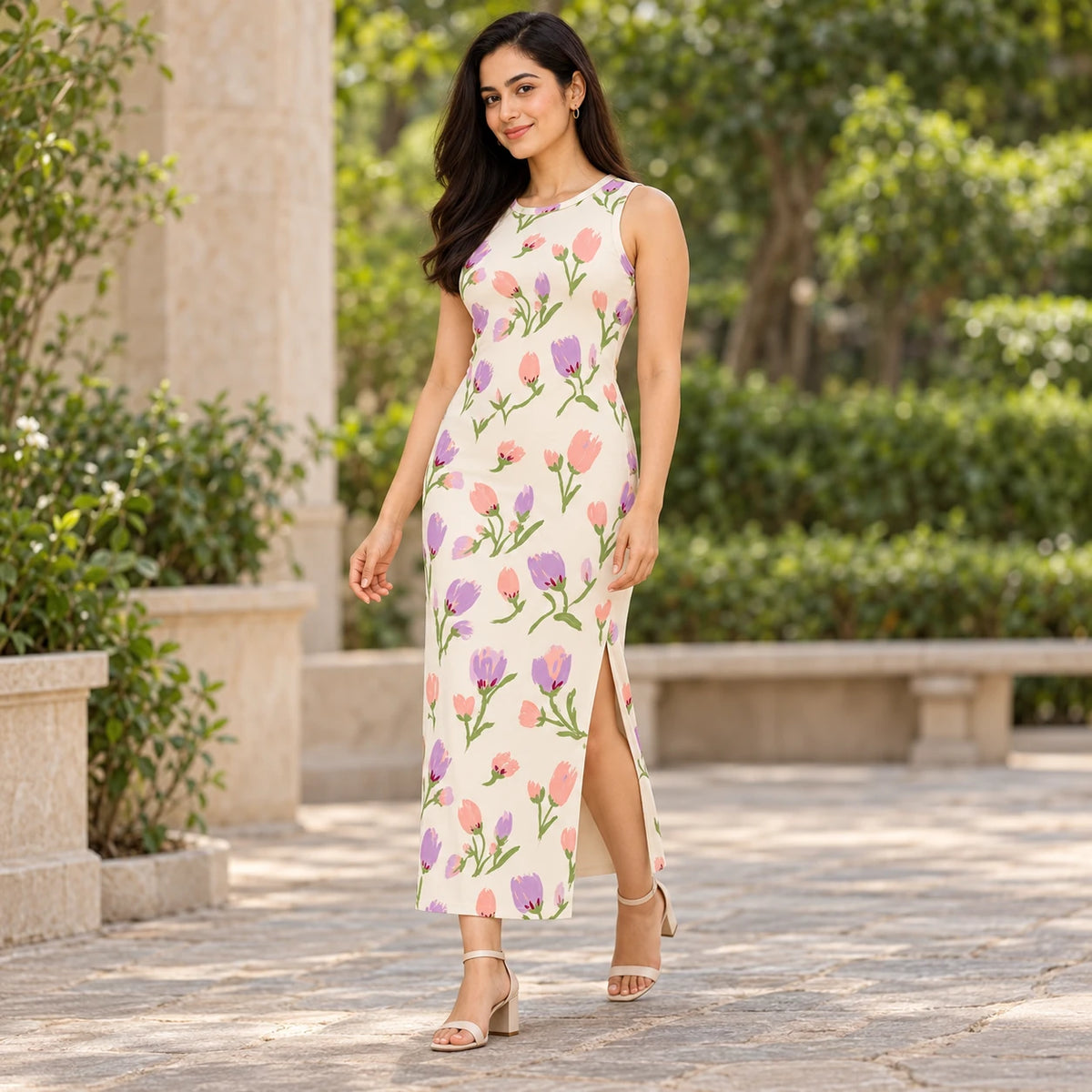 Petal Waltz bodycon dress — garden view