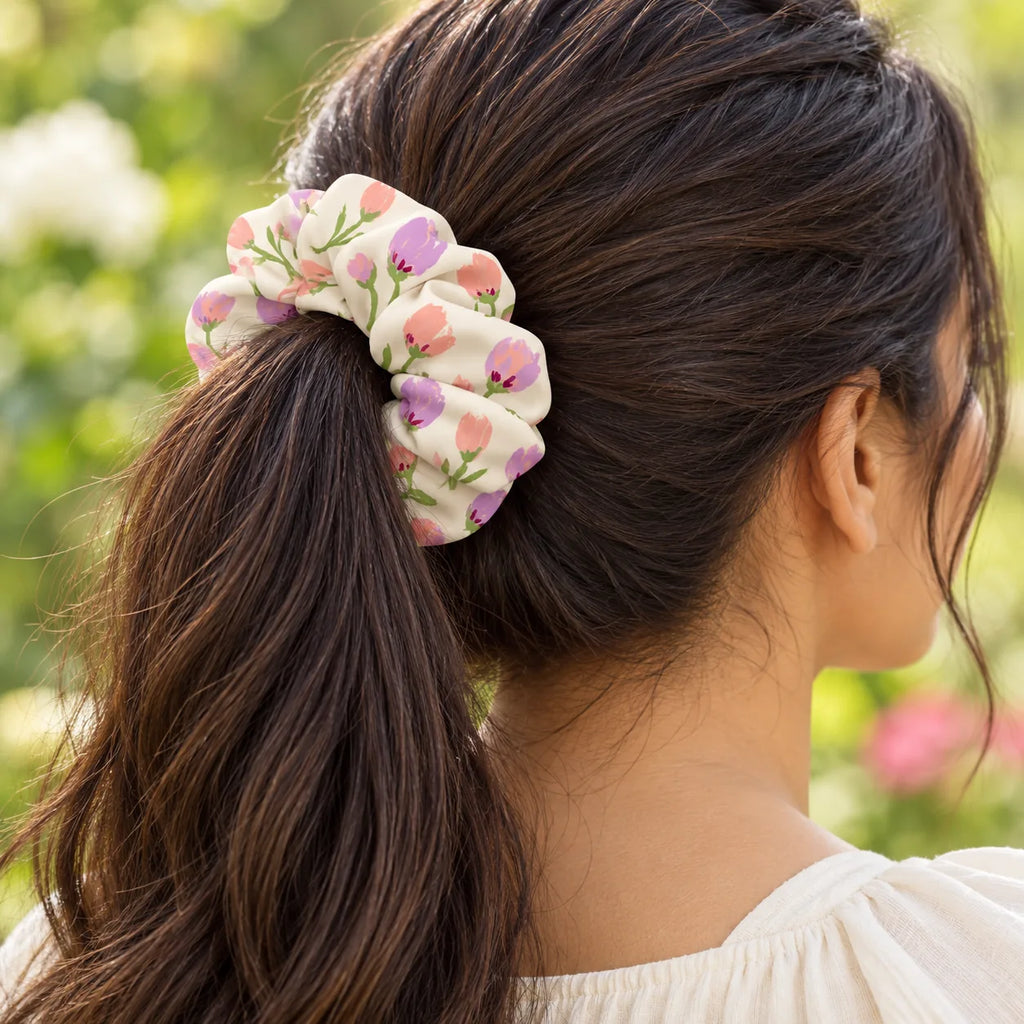 Petal Waltz scrunchie — worn view