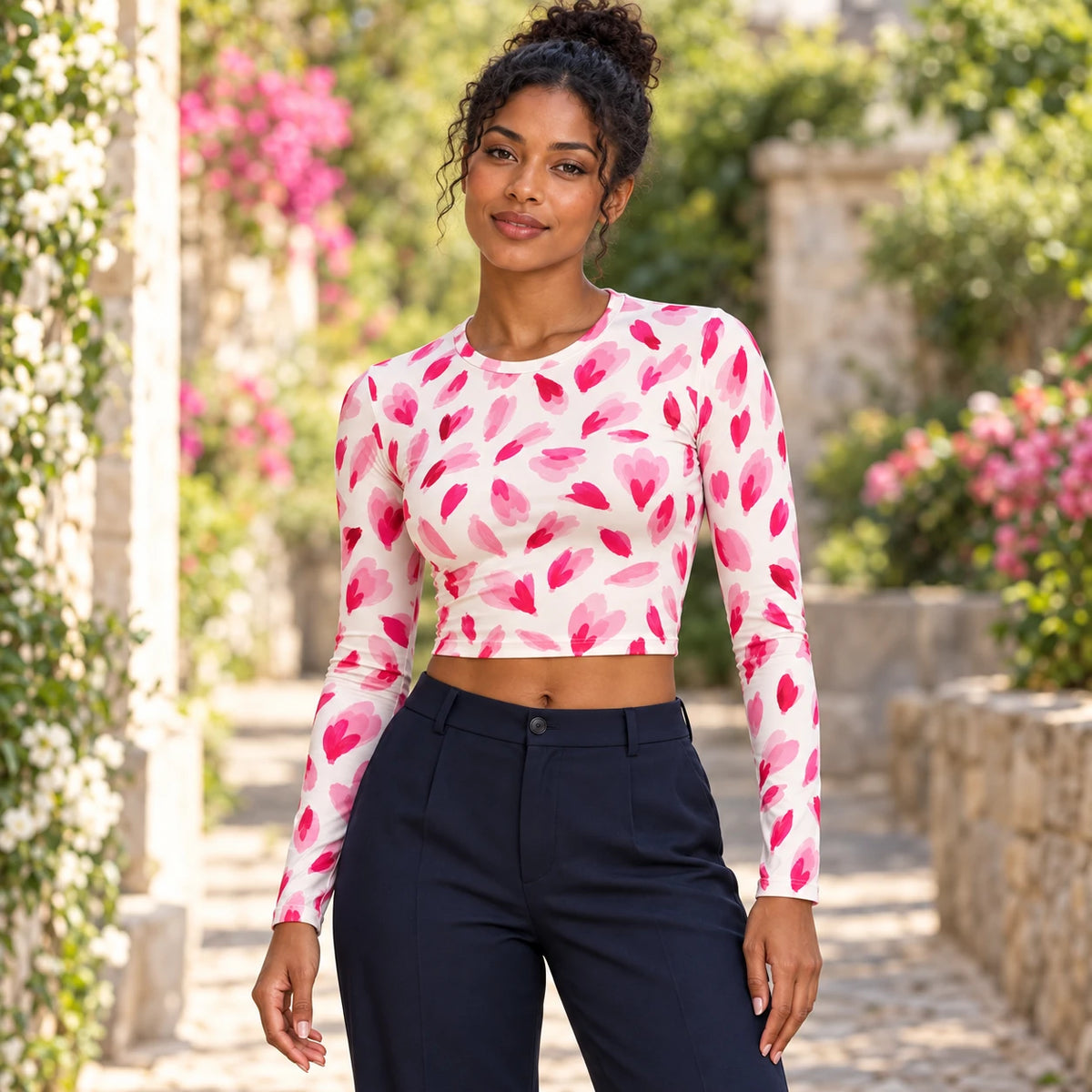 Pink Punctuation full sleeve crop top — female lifestyle view