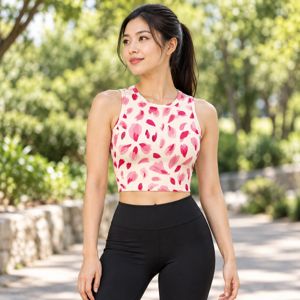 Pink Punctuation sports crop top — female lifestyle view