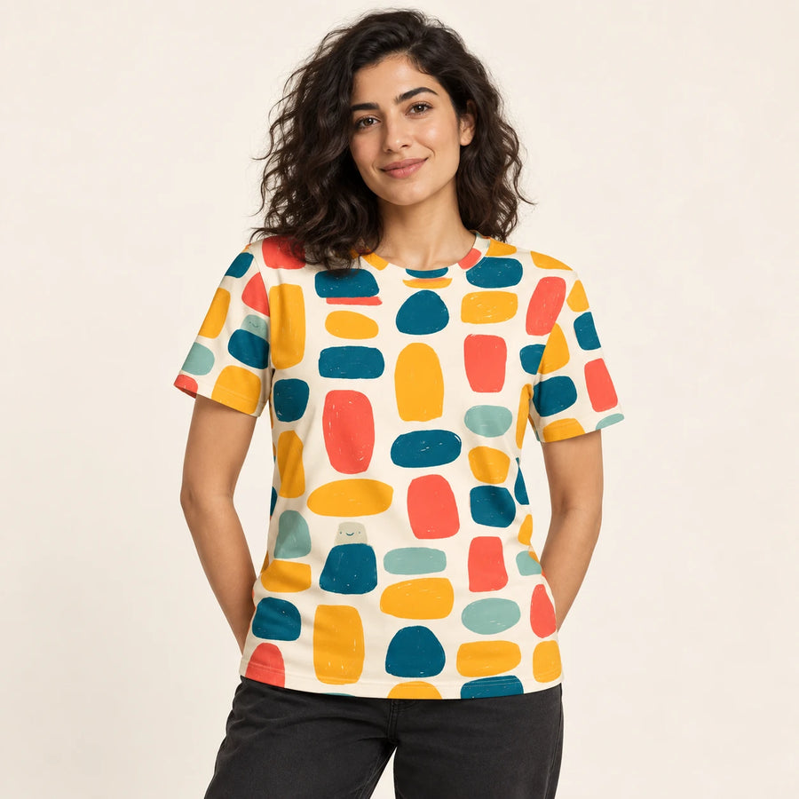 Pocket Pebbles All-Over Print T-Shirt — female model, hero view