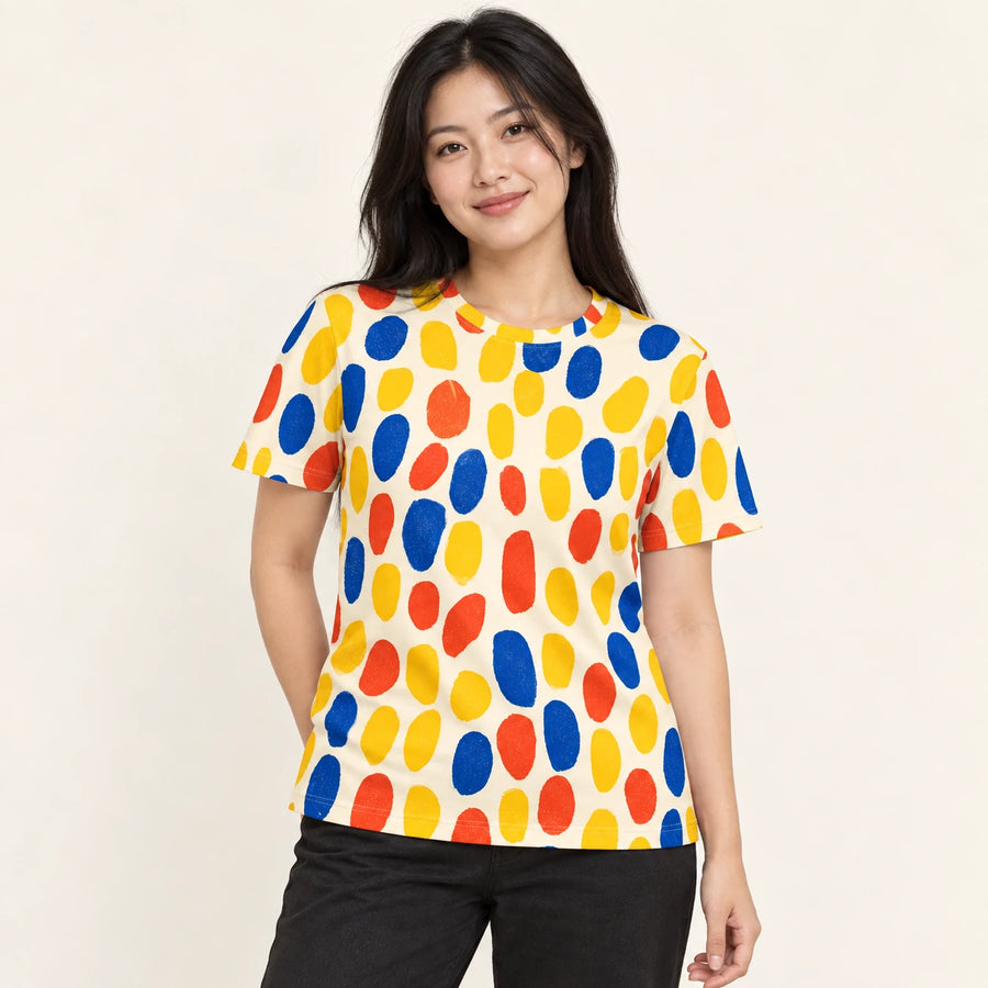 Primary Pebbles All-Over Print T-Shirt — female model, hero view