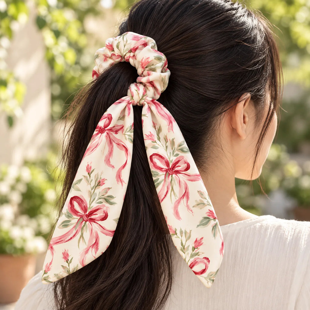 Ribbon Letters Bow-Tie Scrunchie — worn view