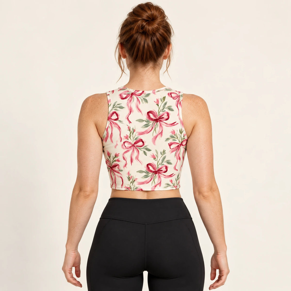 Ribbon Letters sports crop top — female back view