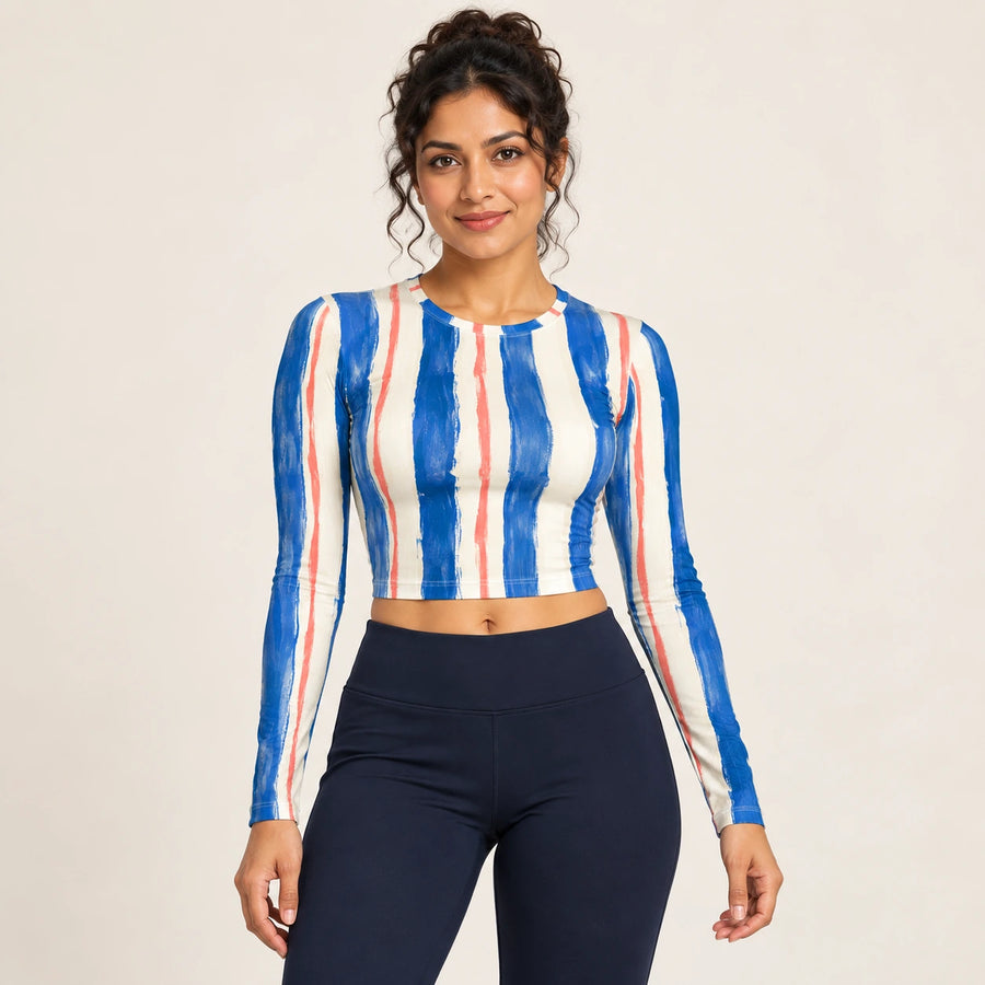 Riviera Stripe full sleeve crop top — female hero view